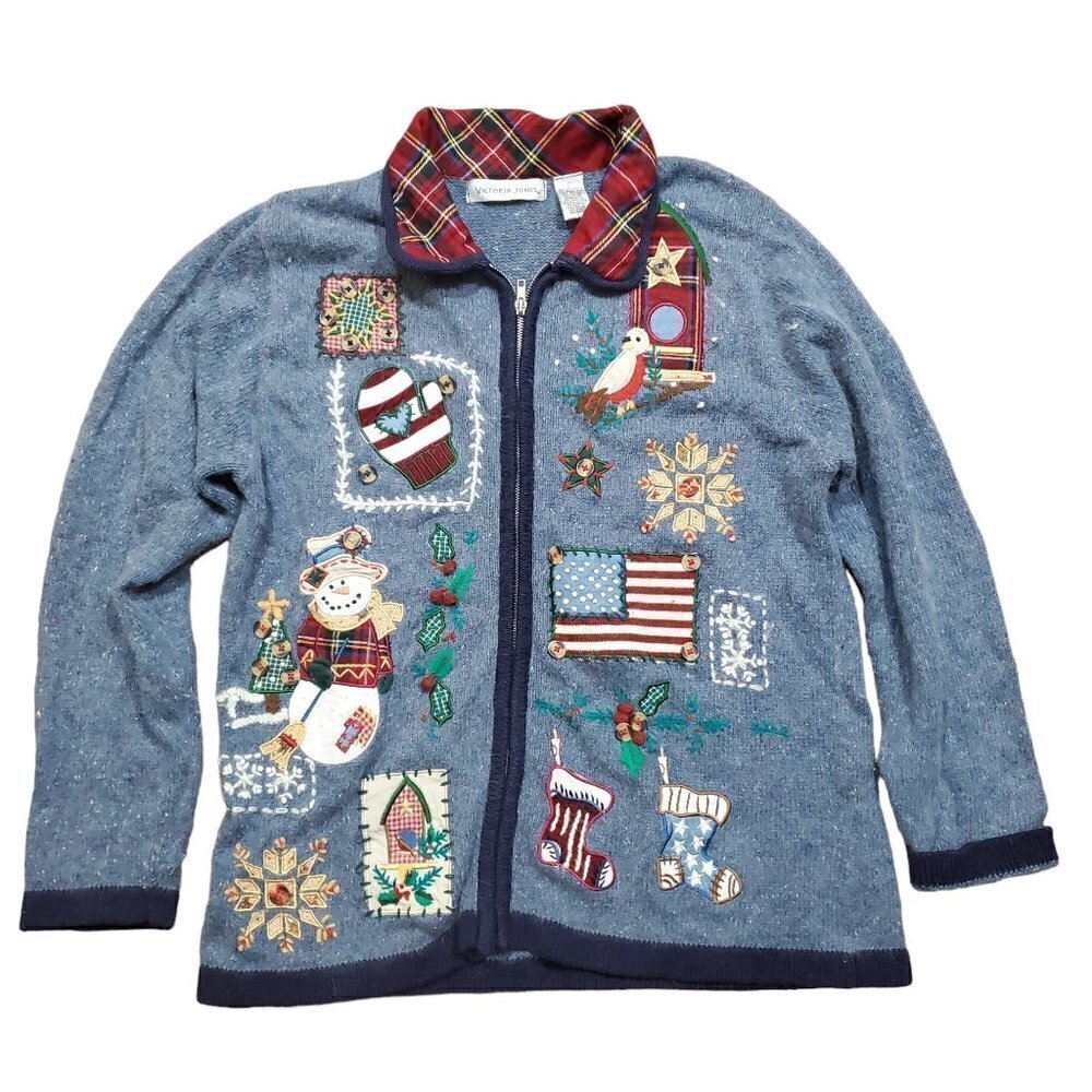 Victoria Jones Xmas Cardigan Ugly‎ Sweater Blue Full Zip Size L Angora Rabbit